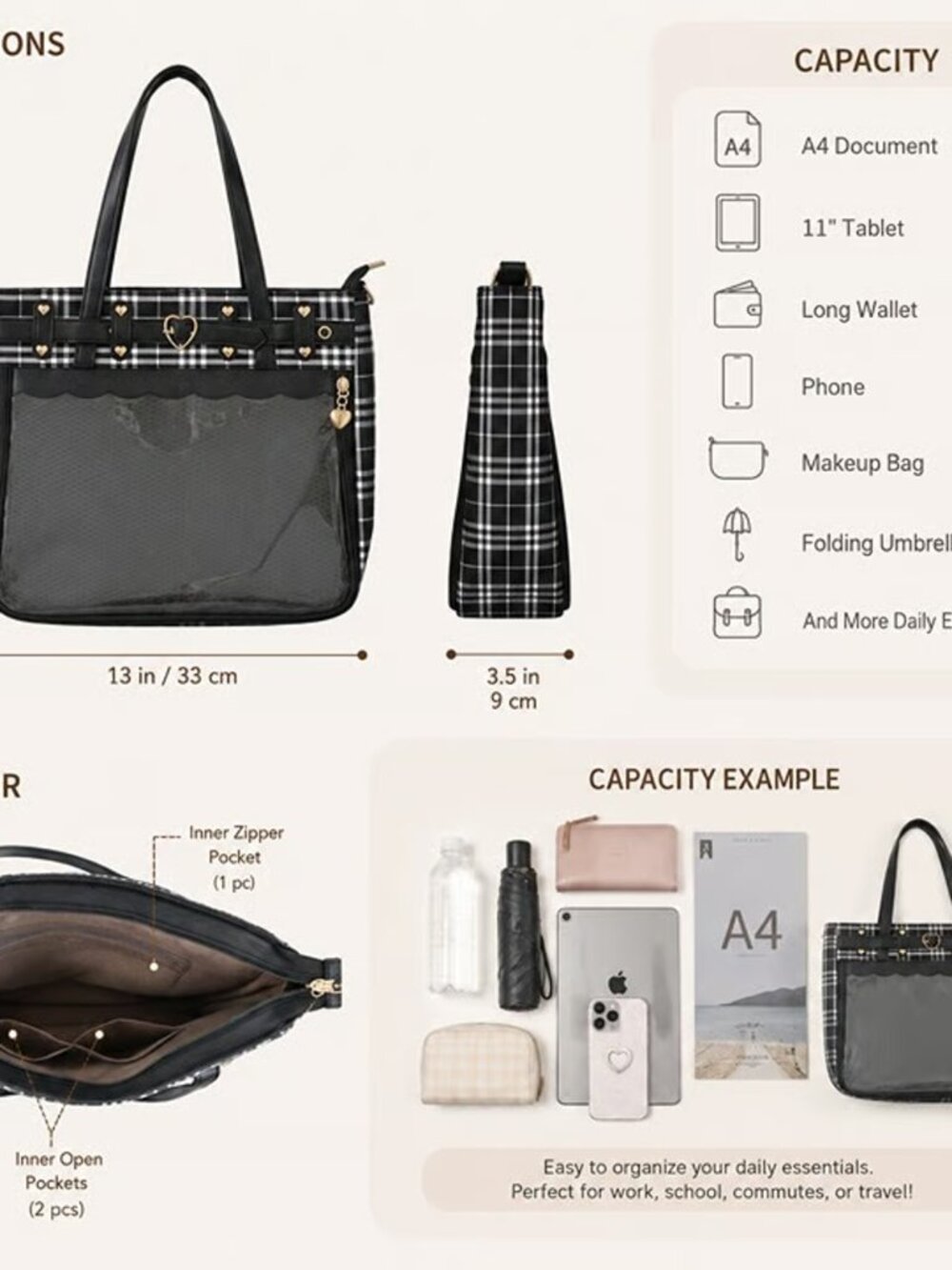 BLACK Y2K Plaid Ita Bag Crossbody Tote Shoulder Bag Kawaii Pin Display Itabag - Picture 4 of 11